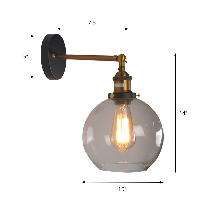 Clear Glass Sphere/Cone Wall Light Kit Industrial 1 Light Kitchen Wall Mounted Lamp with Adjustable Joint in Black-Brass Clearhalo 'Cast Iron' 'Glass' 'Industrial wall lights' 'Industrial' 'Middle century wall lights' 'Modern' 'Tiffany' 'Traditional wall lights' 'Wall Lamps & Sconces' 'Wall Lights' Lighting' 1917459