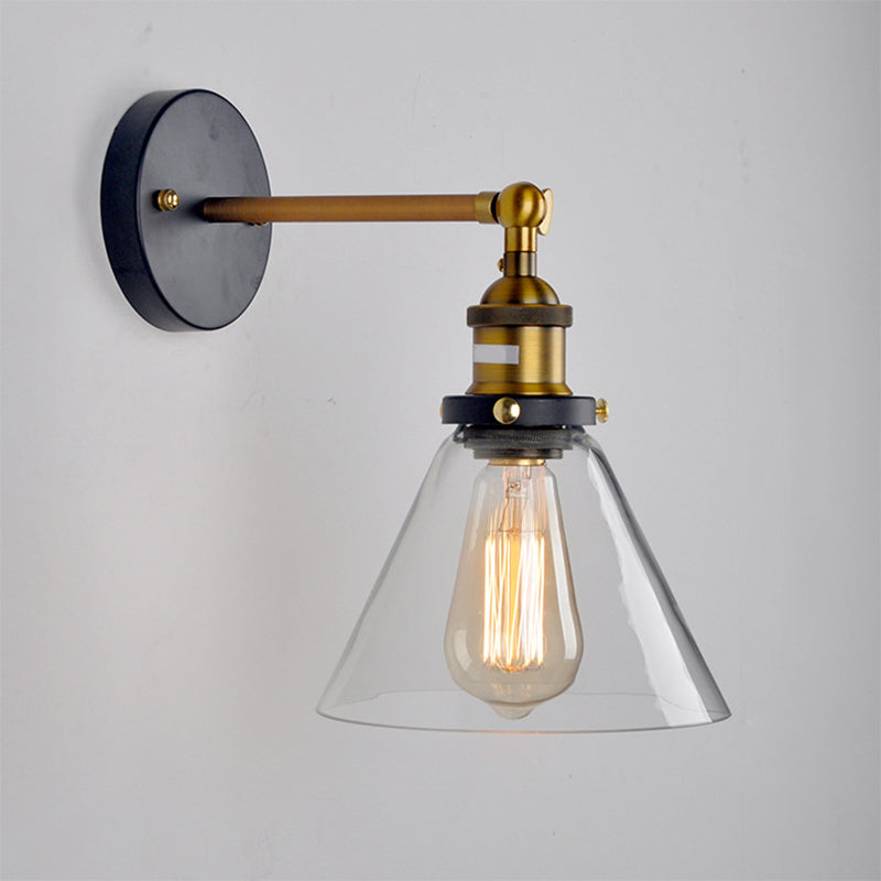 Clear Glass Sphere/Cone Wall Light Kit Industrial 1 Light Kitchen Wall Mounted Lamp with Adjustable Joint in Black-Brass Clear B Clearhalo 'Cast Iron' 'Glass' 'Industrial wall lights' 'Industrial' 'Middle century wall lights' 'Modern' 'Tiffany' 'Traditional wall lights' 'Wall Lamps & Sconces' 'Wall Lights' Lighting' 1917460