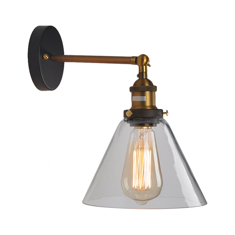 Clear Glass Sphere/Cone Wall Light Kit Industrial 1 Light Kitchen Wall Mounted Lamp with Adjustable Joint in Black-Brass Clearhalo 'Cast Iron' 'Glass' 'Industrial wall lights' 'Industrial' 'Middle century wall lights' 'Modern' 'Tiffany' 'Traditional wall lights' 'Wall Lamps & Sconces' 'Wall Lights' Lighting' 1917461