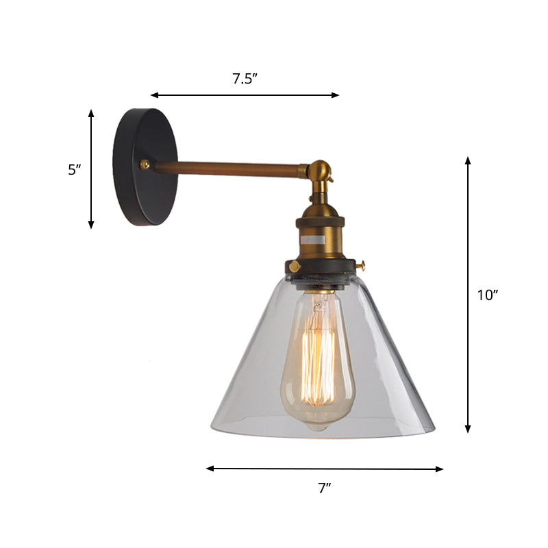 Clear Glass Sphere/Cone Wall Light Kit Industrial 1 Light Kitchen Wall Mounted Lamp with Adjustable Joint in Black-Brass Clearhalo 'Cast Iron' 'Glass' 'Industrial wall lights' 'Industrial' 'Middle century wall lights' 'Modern' 'Tiffany' 'Traditional wall lights' 'Wall Lamps & Sconces' 'Wall Lights' Lighting' 1917462