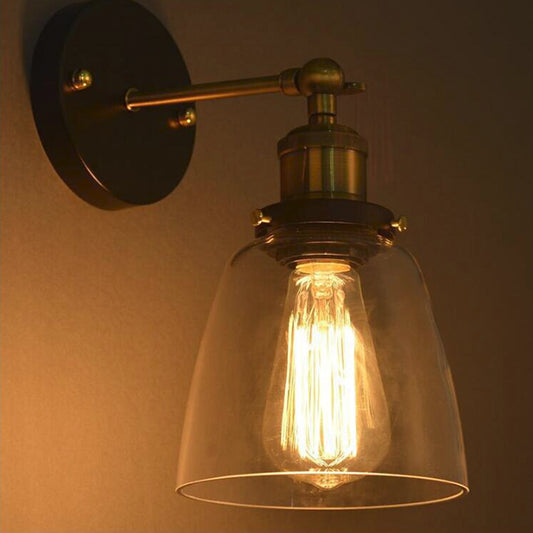 Warehouse Cloche Rotatable Wall Lamp 1 Head Transparent Glass Wall Light Sconce in Black and Brass/Black Clearhalo 'Cast Iron' 'Glass' 'Industrial wall lights' 'Industrial' 'Middle century wall lights' 'Modern' 'Tiffany' 'Traditional wall lights' 'Wall Lamps & Sconces' 'Wall Lights' Lighting' 1917464