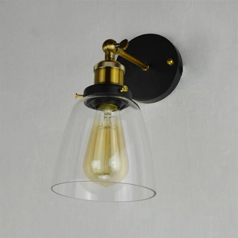 Warehouse Cloche Rotatable Wall Lamp 1 Head Transparent Glass Wall Light Sconce in Black and Brass/Black Clearhalo 'Cast Iron' 'Glass' 'Industrial wall lights' 'Industrial' 'Middle century wall lights' 'Modern' 'Tiffany' 'Traditional wall lights' 'Wall Lamps & Sconces' 'Wall Lights' Lighting' 1917465