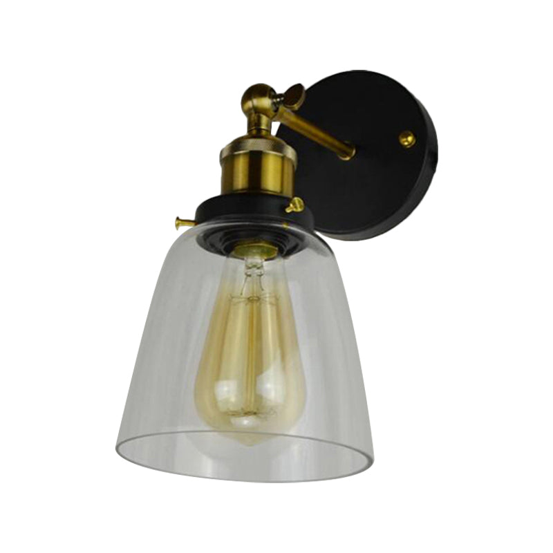 Warehouse Cloche Rotatable Wall Lamp 1 Head Transparent Glass Wall Light Sconce in Black and Brass/Black Clearhalo 'Cast Iron' 'Glass' 'Industrial wall lights' 'Industrial' 'Middle century wall lights' 'Modern' 'Tiffany' 'Traditional wall lights' 'Wall Lamps & Sconces' 'Wall Lights' Lighting' 1917466