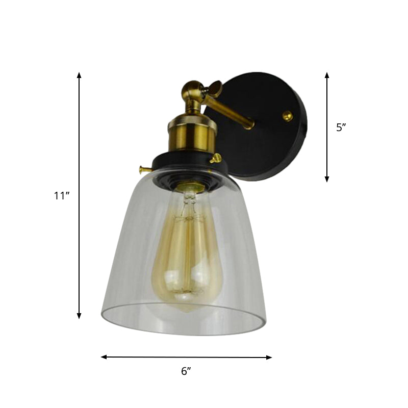 Warehouse Cloche Rotatable Wall Lamp 1 Head Transparent Glass Wall Light Sconce in Black and Brass/Black Clearhalo 'Cast Iron' 'Glass' 'Industrial wall lights' 'Industrial' 'Middle century wall lights' 'Modern' 'Tiffany' 'Traditional wall lights' 'Wall Lamps & Sconces' 'Wall Lights' Lighting' 1917467