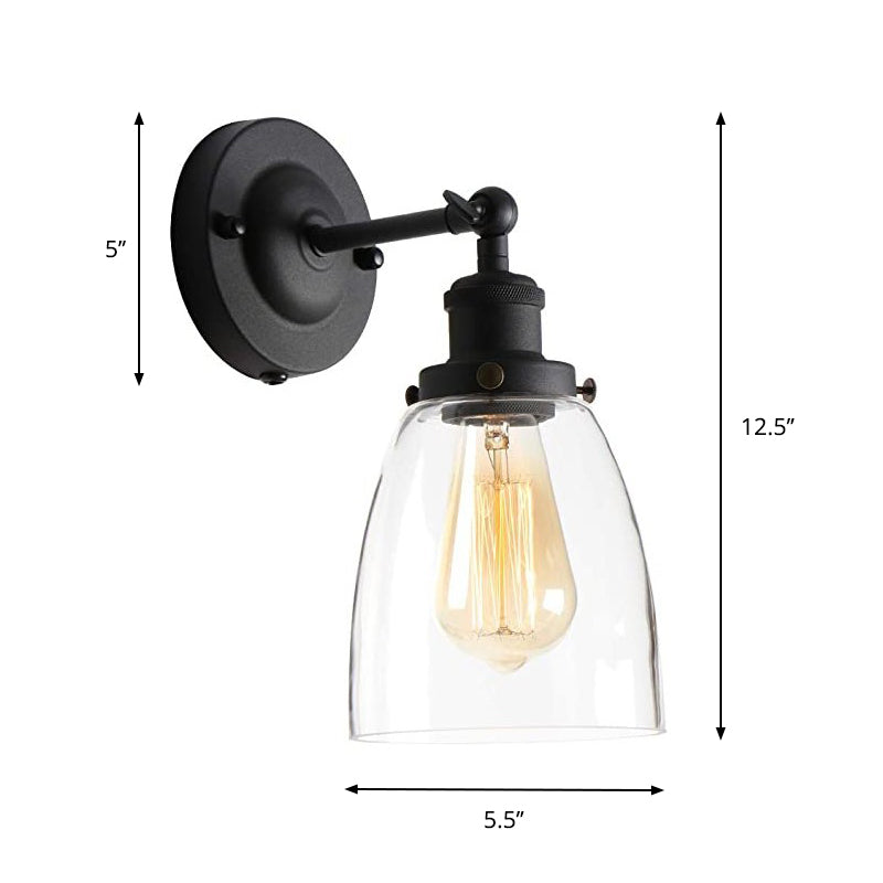 Warehouse Cloche Rotatable Wall Lamp 1 Head Transparent Glass Wall Light Sconce in Black and Brass/Black Clearhalo 'Cast Iron' 'Glass' 'Industrial wall lights' 'Industrial' 'Middle century wall lights' 'Modern' 'Tiffany' 'Traditional wall lights' 'Wall Lamps & Sconces' 'Wall Lights' Lighting' 1917469