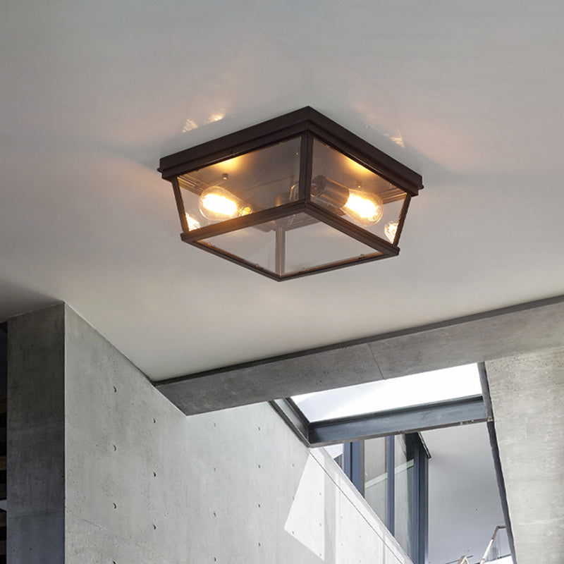 Black Cube Flush Mount Ceiling Light Farmhouse Clear Glass 2 Bulbs Kitchen Flushmount Lighting Clearhalo 'Ceiling Lights' 'Close To Ceiling Lights' 'Close to ceiling' 'Flush mount' 'Industrial Flush Mount' Lighting' 1917471