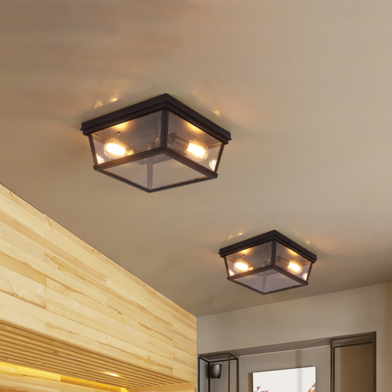 Black Cube Flush Mount Ceiling Light Farmhouse Clear Glass 2 Bulbs Kitchen Flushmount Lighting Clearhalo 'Ceiling Lights' 'Close To Ceiling Lights' 'Close to ceiling' 'Flush mount' 'Industrial Flush Mount' Lighting' 1917472