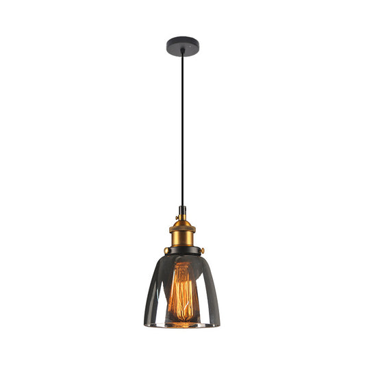 Single-Bulb Bell Pendulum Light Rustic Brass Clear/Amber/Smoke Grey Glass Hanging Pendant for Bedroom Smoke Gray Clearhalo 'Ceiling Lights' 'Glass shade' 'Glass' 'Industrial Pendants' 'Industrial' 'Middle Century Pendants' 'Pendant Lights' 'Pendants' 'Tiffany' Lighting' 1917482