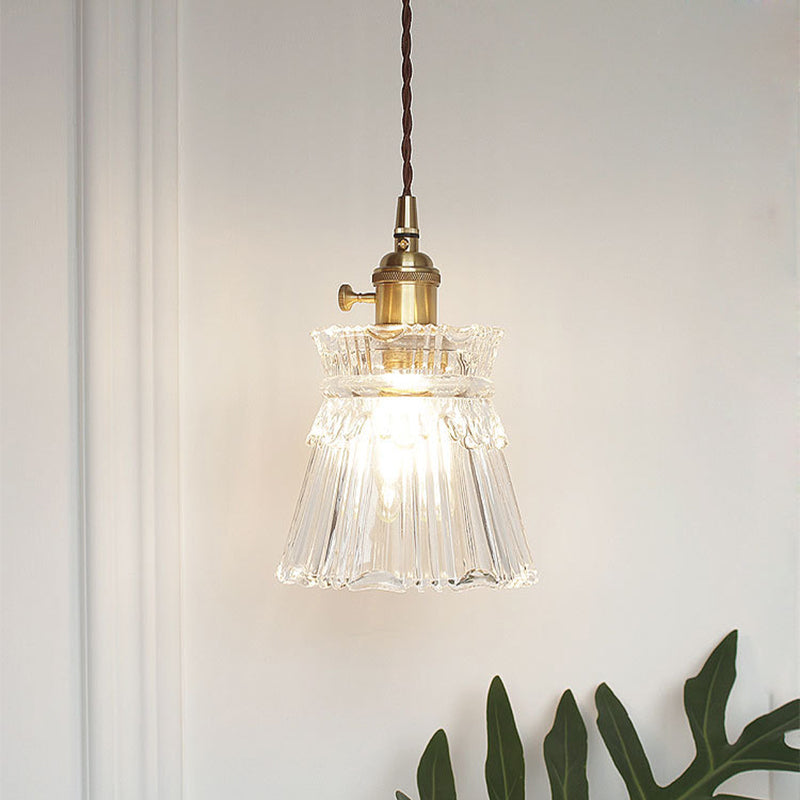 Brass Bowl/Flared Hanging Lamp Fixture Antique Clear Lattice/Grid Glass 1 Bulb Dining Room Ceiling Pendant Light Clear F Clearhalo 'Ceiling Lights' 'Glass shade' 'Glass' 'Industrial Pendants' 'Industrial' 'Middle Century Pendants' 'Pendant Lights' 'Pendants' 'Tiffany' Lighting' 1917487