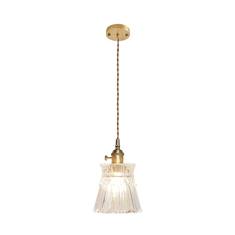 Brass Bowl/Flared Hanging Lamp Fixture Antique Clear Lattice/Grid Glass 1 Bulb Dining Room Ceiling Pendant Light Clearhalo 'Ceiling Lights' 'Glass shade' 'Glass' 'Industrial Pendants' 'Industrial' 'Middle Century Pendants' 'Pendant Lights' 'Pendants' 'Tiffany' Lighting' 1917488