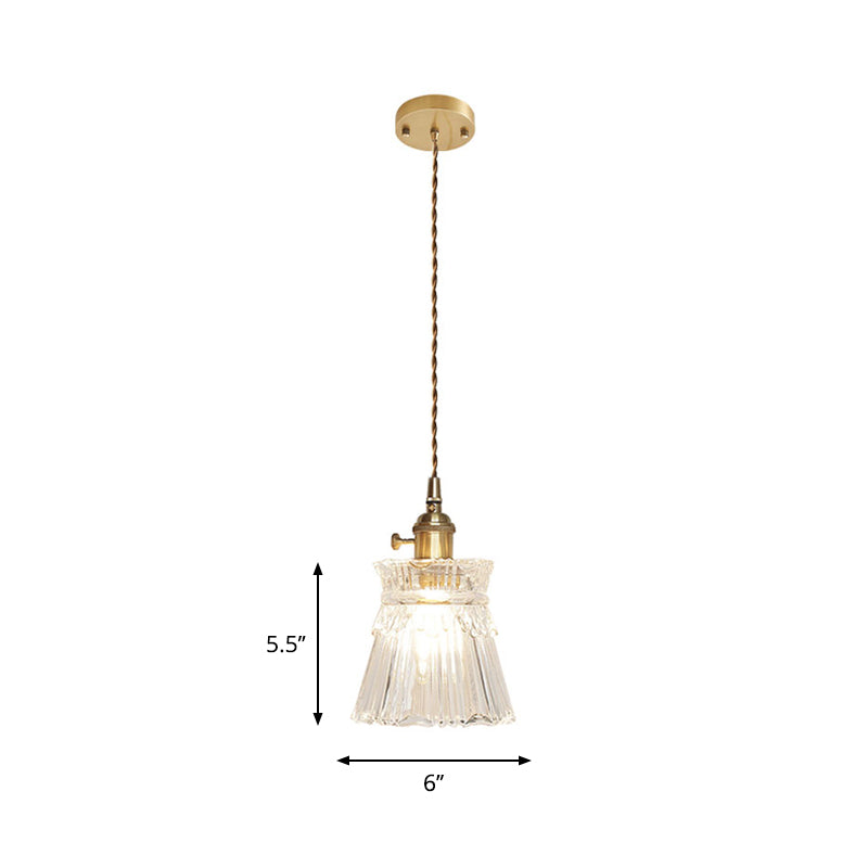 Brass Bowl/Flared Hanging Lamp Fixture Antique Clear Lattice/Grid Glass 1 Bulb Dining Room Ceiling Pendant Light Clearhalo 'Ceiling Lights' 'Glass shade' 'Glass' 'Industrial Pendants' 'Industrial' 'Middle Century Pendants' 'Pendant Lights' 'Pendants' 'Tiffany' Lighting' 1917489