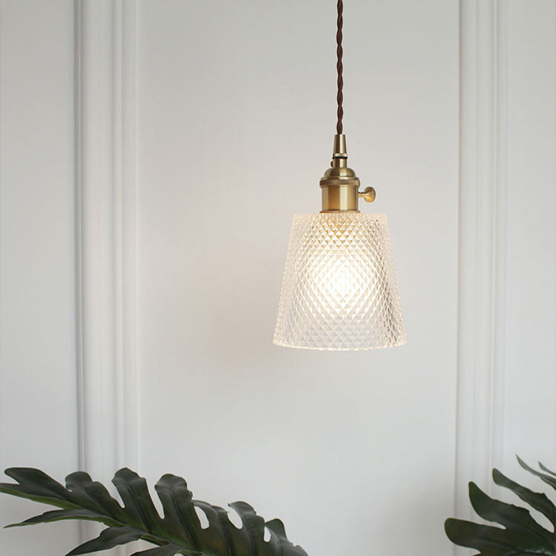 Brass Bowl/Flared Hanging Lamp Fixture Antique Clear Lattice/Grid Glass 1 Bulb Dining Room Ceiling Pendant Light Clear H Clearhalo 'Ceiling Lights' 'Glass shade' 'Glass' 'Industrial Pendants' 'Industrial' 'Middle Century Pendants' 'Pendant Lights' 'Pendants' 'Tiffany' Lighting' 1917490