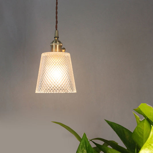 Brass Bowl/Flared Hanging Lamp Fixture Antique Clear Lattice/Grid Glass 1 Bulb Dining Room Ceiling Pendant Light Clearhalo 'Ceiling Lights' 'Glass shade' 'Glass' 'Industrial Pendants' 'Industrial' 'Middle Century Pendants' 'Pendant Lights' 'Pendants' 'Tiffany' Lighting' 1917491