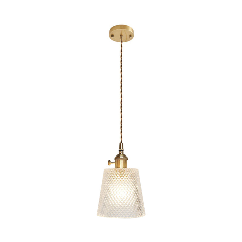 Brass Bowl/Flared Hanging Lamp Fixture Antique Clear Lattice/Grid Glass 1 Bulb Dining Room Ceiling Pendant Light Clearhalo 'Ceiling Lights' 'Glass shade' 'Glass' 'Industrial Pendants' 'Industrial' 'Middle Century Pendants' 'Pendant Lights' 'Pendants' 'Tiffany' Lighting' 1917492