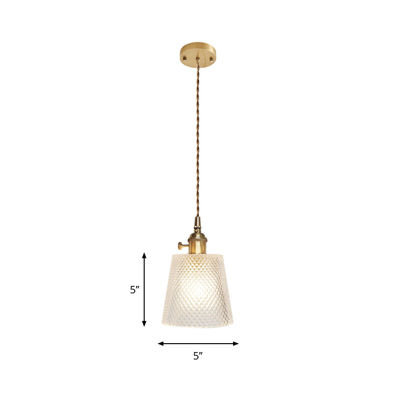 Brass Bowl/Flared Hanging Lamp Fixture Antique Clear Lattice/Grid Glass 1 Bulb Dining Room Ceiling Pendant Light Clearhalo 'Ceiling Lights' 'Glass shade' 'Glass' 'Industrial Pendants' 'Industrial' 'Middle Century Pendants' 'Pendant Lights' 'Pendants' 'Tiffany' Lighting' 1917493