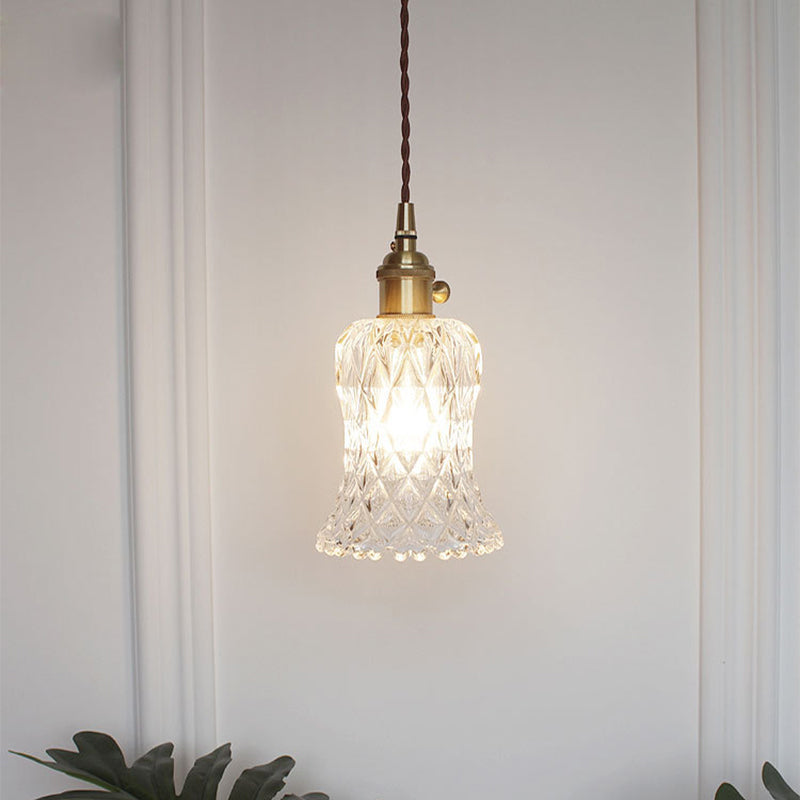 Brass Bowl/Flared Hanging Lamp Fixture Antique Clear Lattice/Grid Glass 1 Bulb Dining Room Ceiling Pendant Light Clear E Clearhalo 'Ceiling Lights' 'Glass shade' 'Glass' 'Industrial Pendants' 'Industrial' 'Middle Century Pendants' 'Pendant Lights' 'Pendants' 'Tiffany' Lighting' 1917494