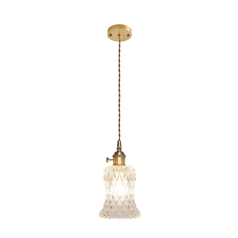 Brass Bowl/Flared Hanging Lamp Fixture Antique Clear Lattice/Grid Glass 1 Bulb Dining Room Ceiling Pendant Light Clearhalo 'Ceiling Lights' 'Glass shade' 'Glass' 'Industrial Pendants' 'Industrial' 'Middle Century Pendants' 'Pendant Lights' 'Pendants' 'Tiffany' Lighting' 1917495