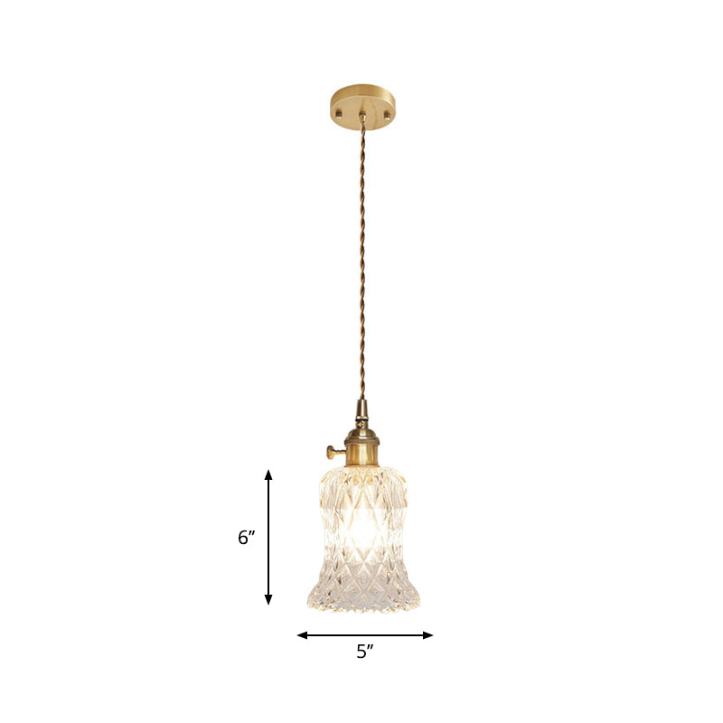 Brass Bowl/Flared Hanging Lamp Fixture Antique Clear Lattice/Grid Glass 1 Bulb Dining Room Ceiling Pendant Light Clearhalo 'Ceiling Lights' 'Glass shade' 'Glass' 'Industrial Pendants' 'Industrial' 'Middle Century Pendants' 'Pendant Lights' 'Pendants' 'Tiffany' Lighting' 1917496