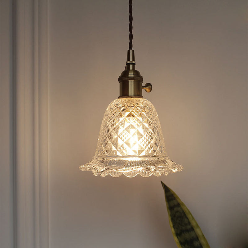 Brass Bowl/Flared Hanging Lamp Fixture Antique Clear Lattice/Grid Glass 1 Bulb Dining Room Ceiling Pendant Light Clear D Clearhalo 'Ceiling Lights' 'Glass shade' 'Glass' 'Industrial Pendants' 'Industrial' 'Middle Century Pendants' 'Pendant Lights' 'Pendants' 'Tiffany' Lighting' 1917497
