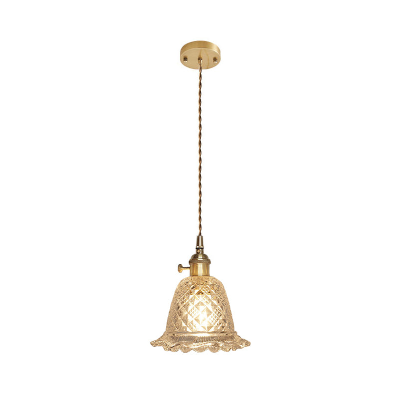 Brass Bowl/Flared Hanging Lamp Fixture Antique Clear Lattice/Grid Glass 1 Bulb Dining Room Ceiling Pendant Light Clearhalo 'Ceiling Lights' 'Glass shade' 'Glass' 'Industrial Pendants' 'Industrial' 'Middle Century Pendants' 'Pendant Lights' 'Pendants' 'Tiffany' Lighting' 1917498