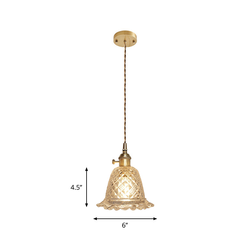 Brass Bowl/Flared Hanging Lamp Fixture Antique Clear Lattice/Grid Glass 1 Bulb Dining Room Ceiling Pendant Light Clearhalo 'Ceiling Lights' 'Glass shade' 'Glass' 'Industrial Pendants' 'Industrial' 'Middle Century Pendants' 'Pendant Lights' 'Pendants' 'Tiffany' Lighting' 1917499