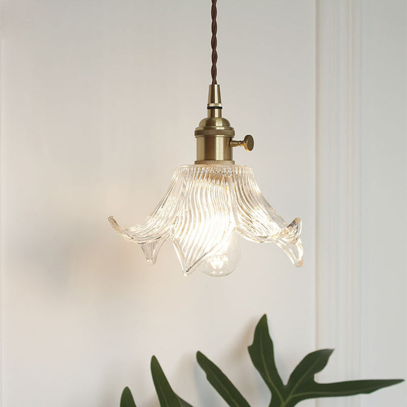 Brass Bowl/Flared Hanging Lamp Fixture Antique Clear Lattice/Grid Glass 1 Bulb Dining Room Ceiling Pendant Light Clear C Clearhalo 'Ceiling Lights' 'Glass shade' 'Glass' 'Industrial Pendants' 'Industrial' 'Middle Century Pendants' 'Pendant Lights' 'Pendants' 'Tiffany' Lighting' 1917500