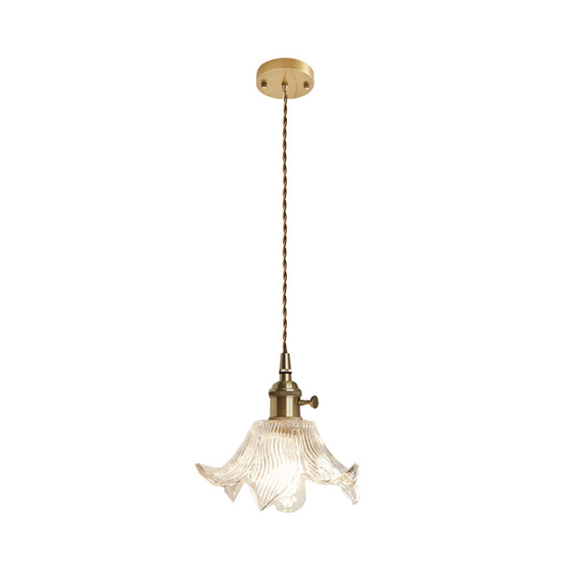 Brass Bowl/Flared Hanging Lamp Fixture Antique Clear Lattice/Grid Glass 1 Bulb Dining Room Ceiling Pendant Light Clearhalo 'Ceiling Lights' 'Glass shade' 'Glass' 'Industrial Pendants' 'Industrial' 'Middle Century Pendants' 'Pendant Lights' 'Pendants' 'Tiffany' Lighting' 1917501