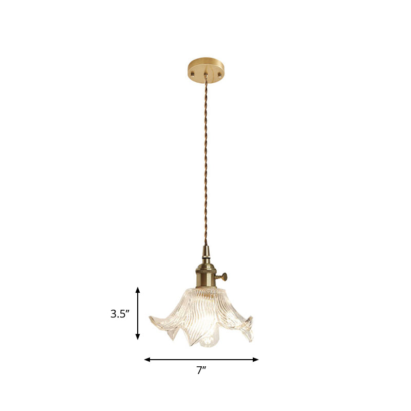 Brass Bowl/Flared Hanging Lamp Fixture Antique Clear Lattice/Grid Glass 1 Bulb Dining Room Ceiling Pendant Light Clearhalo 'Ceiling Lights' 'Glass shade' 'Glass' 'Industrial Pendants' 'Industrial' 'Middle Century Pendants' 'Pendant Lights' 'Pendants' 'Tiffany' Lighting' 1917502