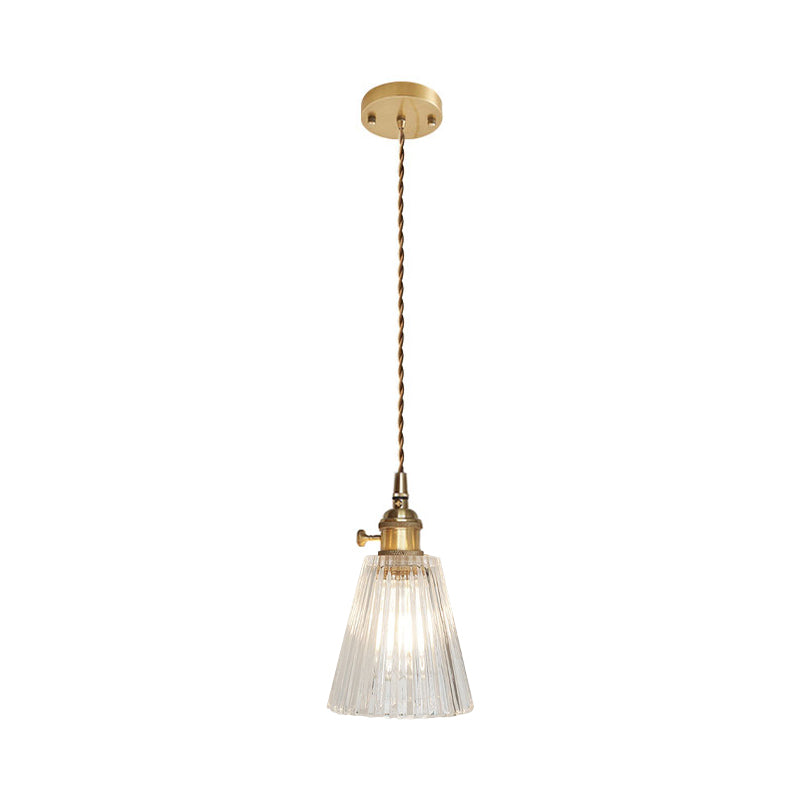 Brass Bowl/Flared Hanging Lamp Fixture Antique Clear Lattice/Grid Glass 1 Bulb Dining Room Ceiling Pendant Light Clearhalo 'Ceiling Lights' 'Glass shade' 'Glass' 'Industrial Pendants' 'Industrial' 'Middle Century Pendants' 'Pendant Lights' 'Pendants' 'Tiffany' Lighting' 1917504