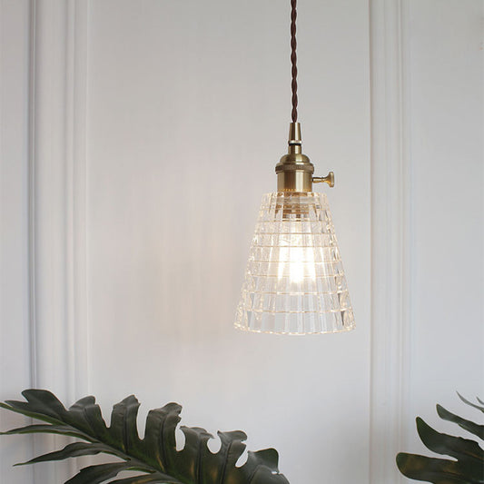 Brass Bowl/Flared Hanging Lamp Fixture Antique Clear Lattice/Grid Glass 1 Bulb Dining Room Ceiling Pendant Light Clear A Clearhalo 'Ceiling Lights' 'Glass shade' 'Glass' 'Industrial Pendants' 'Industrial' 'Middle Century Pendants' 'Pendant Lights' 'Pendants' 'Tiffany' Lighting' 1917506
