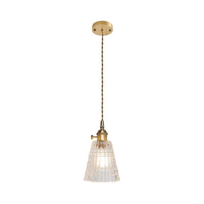 Brass Bowl/Flared Hanging Lamp Fixture Antique Clear Lattice/Grid Glass 1 Bulb Dining Room Ceiling Pendant Light Clearhalo 'Ceiling Lights' 'Glass shade' 'Glass' 'Industrial Pendants' 'Industrial' 'Middle Century Pendants' 'Pendant Lights' 'Pendants' 'Tiffany' Lighting' 1917507