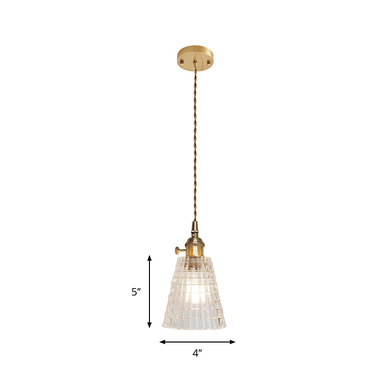 Brass Bowl/Flared Hanging Lamp Fixture Antique Clear Lattice/Grid Glass 1 Bulb Dining Room Ceiling Pendant Light Clearhalo 'Ceiling Lights' 'Glass shade' 'Glass' 'Industrial Pendants' 'Industrial' 'Middle Century Pendants' 'Pendant Lights' 'Pendants' 'Tiffany' Lighting' 1917508