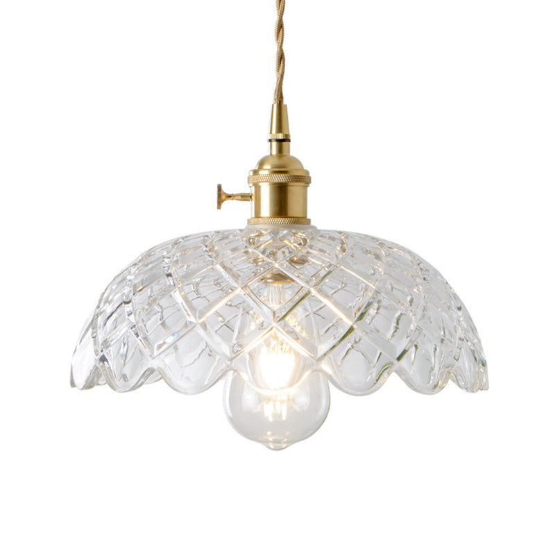 Brass Bowl/Flared Hanging Lamp Fixture Antique Clear Lattice/Grid Glass 1 Bulb Dining Room Ceiling Pendant Light Clear G Clearhalo 'Ceiling Lights' 'Glass shade' 'Glass' 'Industrial Pendants' 'Industrial' 'Middle Century Pendants' 'Pendant Lights' 'Pendants' 'Tiffany' Lighting' 1917509