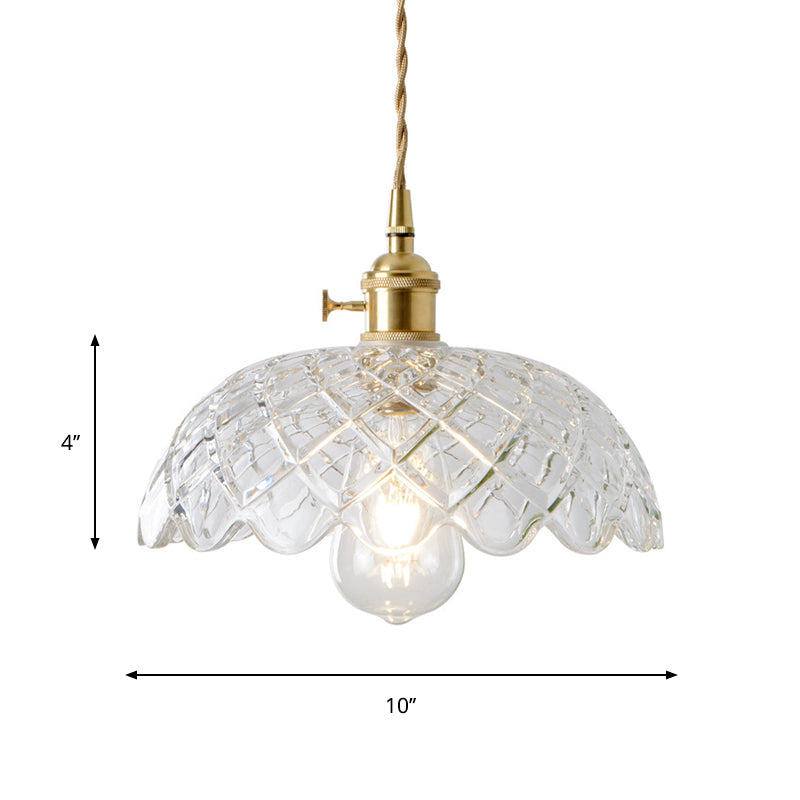 Brass Bowl/Flared Hanging Lamp Fixture Antique Clear Lattice/Grid Glass 1 Bulb Dining Room Ceiling Pendant Light Clearhalo 'Ceiling Lights' 'Glass shade' 'Glass' 'Industrial Pendants' 'Industrial' 'Middle Century Pendants' 'Pendant Lights' 'Pendants' 'Tiffany' Lighting' 1917510