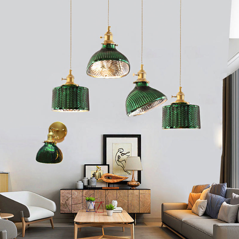 1 Light Textured Green Glass Pendant Vintage Brass Drum/Bowl Bedside Hanging Light Fixture with Rotary Switch Clearhalo 'Ceiling Lights' 'Glass shade' 'Glass' 'Industrial Pendants' 'Industrial' 'Middle Century Pendants' 'Pendant Lights' 'Pendants' 'Tiffany' Lighting' 1917511