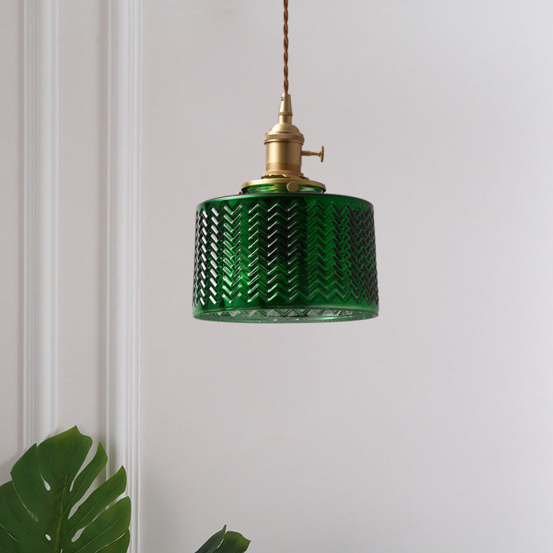 1 Light Textured Green Glass Pendant Vintage Brass Drum/Bowl Bedside Hanging Light Fixture with Rotary Switch Green B Clearhalo 'Ceiling Lights' 'Glass shade' 'Glass' 'Industrial Pendants' 'Industrial' 'Middle Century Pendants' 'Pendant Lights' 'Pendants' 'Tiffany' Lighting' 1917512