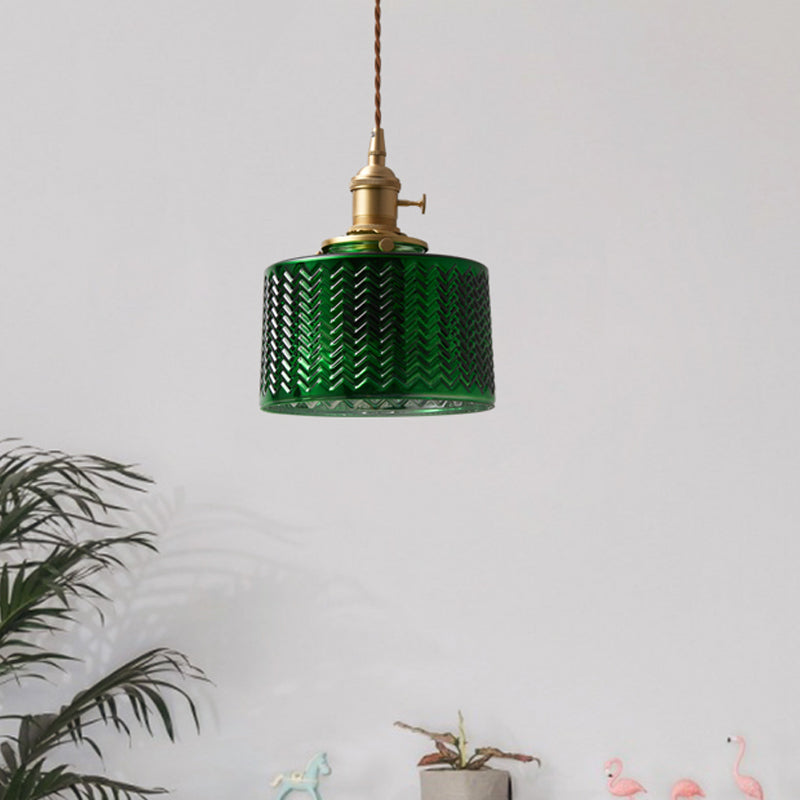 1 Light Textured Green Glass Pendant Vintage Brass Drum/Bowl Bedside Hanging Light Fixture with Rotary Switch Clearhalo 'Ceiling Lights' 'Glass shade' 'Glass' 'Industrial Pendants' 'Industrial' 'Middle Century Pendants' 'Pendant Lights' 'Pendants' 'Tiffany' Lighting' 1917513
