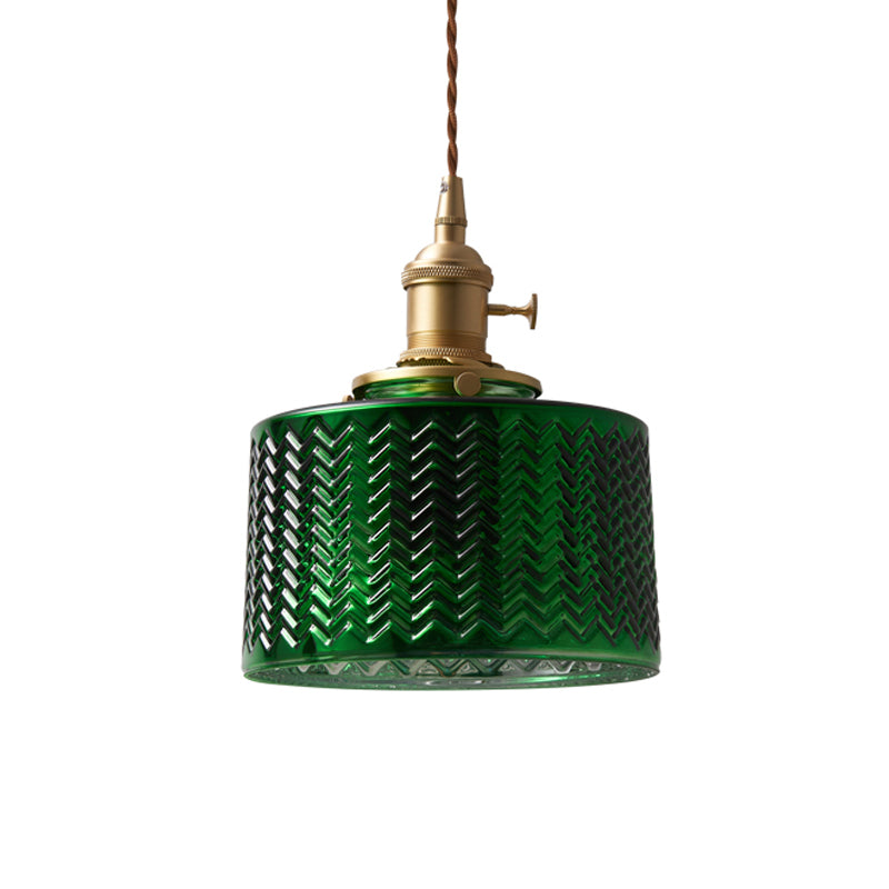 1 Light Textured Green Glass Pendant Vintage Brass Drum/Bowl Bedside Hanging Light Fixture with Rotary Switch Clearhalo 'Ceiling Lights' 'Glass shade' 'Glass' 'Industrial Pendants' 'Industrial' 'Middle Century Pendants' 'Pendant Lights' 'Pendants' 'Tiffany' Lighting' 1917514