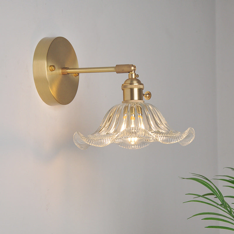 Iron Brass Finish Wall Reading Light Swing Arm 1-Light Industrial Wall Mounted Lamp with Blossom/Bowl Clear Glass Shade Clear G Clearhalo 'Cast Iron' 'Glass' 'Industrial wall lights' 'Industrial' 'Middle century wall lights' 'Modern' 'Tiffany' 'Traditional wall lights' 'Wall Lamps & Sconces' 'Wall Lights' Lighting' 1917524