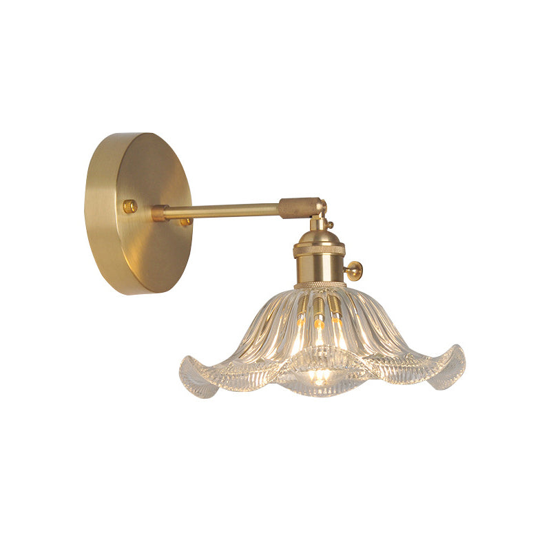 Iron Brass Finish Wall Reading Light Swing Arm 1-Light Industrial Wall Mounted Lamp with Blossom/Bowl Clear Glass Shade Clearhalo 'Cast Iron' 'Glass' 'Industrial wall lights' 'Industrial' 'Middle century wall lights' 'Modern' 'Tiffany' 'Traditional wall lights' 'Wall Lamps & Sconces' 'Wall Lights' Lighting' 1917526