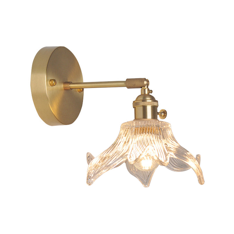 Iron Brass Finish Wall Reading Light Swing Arm 1-Light Industrial Wall Mounted Lamp with Blossom/Bowl Clear Glass Shade Clearhalo 'Cast Iron' 'Glass' 'Industrial wall lights' 'Industrial' 'Middle century wall lights' 'Modern' 'Tiffany' 'Traditional wall lights' 'Wall Lamps & Sconces' 'Wall Lights' Lighting' 1917534