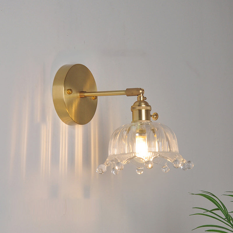 Iron Brass Finish Wall Reading Light Swing Arm 1-Light Industrial Wall Mounted Lamp with Blossom/Bowl Clear Glass Shade Clear H Clearhalo 'Cast Iron' 'Glass' 'Industrial wall lights' 'Industrial' 'Middle century wall lights' 'Modern' 'Tiffany' 'Traditional wall lights' 'Wall Lamps & Sconces' 'Wall Lights' Lighting' 1917536