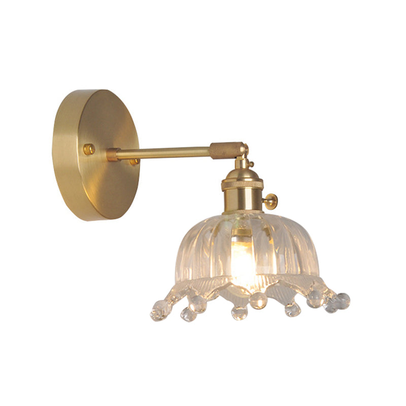 Iron Brass Finish Wall Reading Light Swing Arm 1-Light Industrial Wall Mounted Lamp with Blossom/Bowl Clear Glass Shade Clearhalo 'Cast Iron' 'Glass' 'Industrial wall lights' 'Industrial' 'Middle century wall lights' 'Modern' 'Tiffany' 'Traditional wall lights' 'Wall Lamps & Sconces' 'Wall Lights' Lighting' 1917537