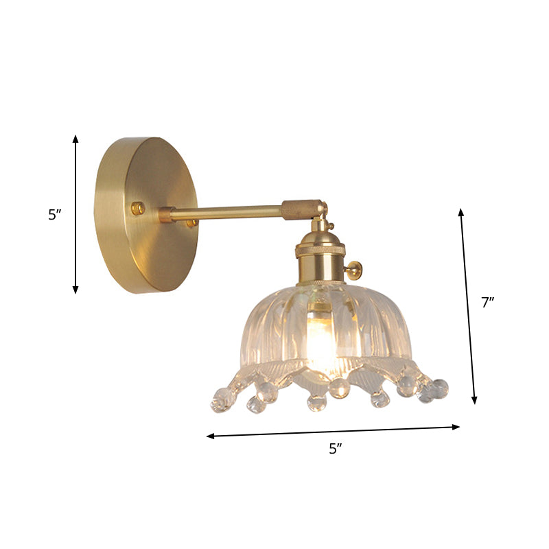 Iron Brass Finish Wall Reading Light Swing Arm 1-Light Industrial Wall Mounted Lamp with Blossom/Bowl Clear Glass Shade Clearhalo 'Cast Iron' 'Glass' 'Industrial wall lights' 'Industrial' 'Middle century wall lights' 'Modern' 'Tiffany' 'Traditional wall lights' 'Wall Lamps & Sconces' 'Wall Lights' Lighting' 1917538