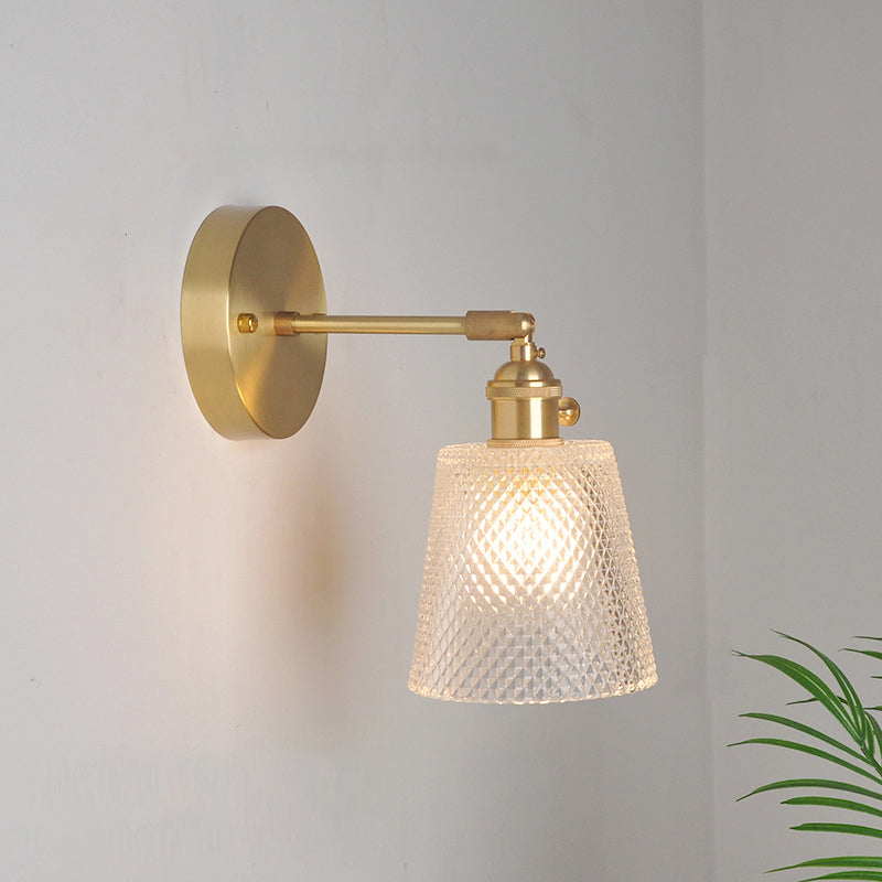 Iron Brass Finish Wall Reading Light Swing Arm 1-Light Industrial Wall Mounted Lamp with Blossom/Bowl Clear Glass Shade Clear B Clearhalo 'Cast Iron' 'Glass' 'Industrial wall lights' 'Industrial' 'Middle century wall lights' 'Modern' 'Tiffany' 'Traditional wall lights' 'Wall Lamps & Sconces' 'Wall Lights' Lighting' 1917542