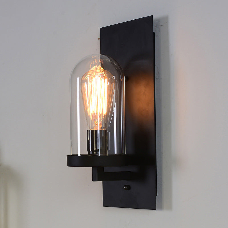 Black Rectangular Wall Light Sconce Retro Metal 1 Head Foyer Wall Lamp with Cloche Clear Glass Shade Black Clearhalo 'Art deco wall lights' 'Cast Iron' 'Glass' 'Industrial wall lights' 'Industrial' 'Middle century wall lights' 'Modern' 'Rustic wall lights' 'Tiffany' 'Traditional wall lights' 'Wall Lamps & Sconces' 'Wall Lights' Lighting' 1917548