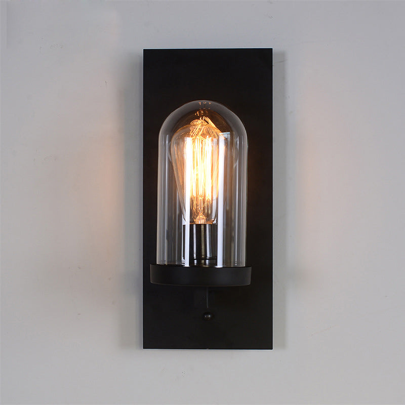 Black Rectangular Wall Light Sconce Retro Metal 1 Head Foyer Wall Lamp with Cloche Clear Glass Shade Clearhalo 'Art deco wall lights' 'Cast Iron' 'Glass' 'Industrial wall lights' 'Industrial' 'Middle century wall lights' 'Modern' 'Rustic wall lights' 'Tiffany' 'Traditional wall lights' 'Wall Lamps & Sconces' 'Wall Lights' Lighting' 1917549