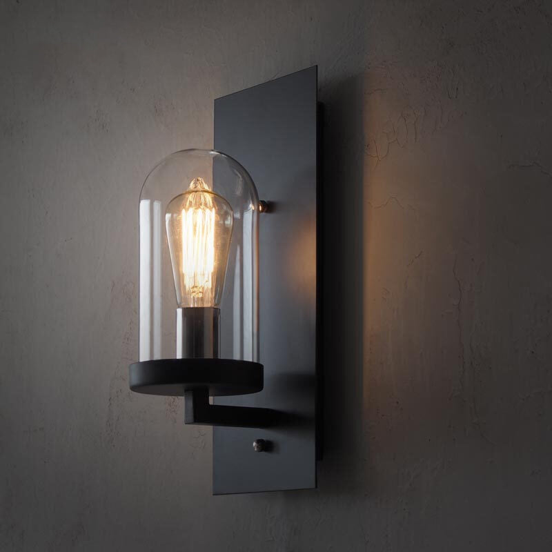 Black Rectangular Wall Light Sconce Retro Metal 1 Head Foyer Wall Lamp with Cloche Clear Glass Shade Clearhalo 'Art deco wall lights' 'Cast Iron' 'Glass' 'Industrial wall lights' 'Industrial' 'Middle century wall lights' 'Modern' 'Rustic wall lights' 'Tiffany' 'Traditional wall lights' 'Wall Lamps & Sconces' 'Wall Lights' Lighting' 1917550