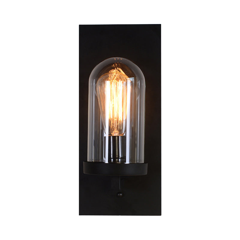 Black Rectangular Wall Light Sconce Retro Metal 1 Head Foyer Wall Lamp with Cloche Clear Glass Shade Clearhalo 'Art deco wall lights' 'Cast Iron' 'Glass' 'Industrial wall lights' 'Industrial' 'Middle century wall lights' 'Modern' 'Rustic wall lights' 'Tiffany' 'Traditional wall lights' 'Wall Lamps & Sconces' 'Wall Lights' Lighting' 1917551