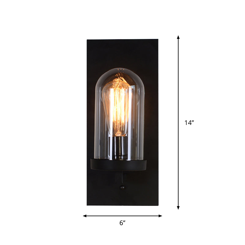 Black Rectangular Wall Light Sconce Retro Metal 1 Head Foyer Wall Lamp with Cloche Clear Glass Shade Clearhalo 'Art deco wall lights' 'Cast Iron' 'Glass' 'Industrial wall lights' 'Industrial' 'Middle century wall lights' 'Modern' 'Rustic wall lights' 'Tiffany' 'Traditional wall lights' 'Wall Lamps & Sconces' 'Wall Lights' Lighting' 1917552